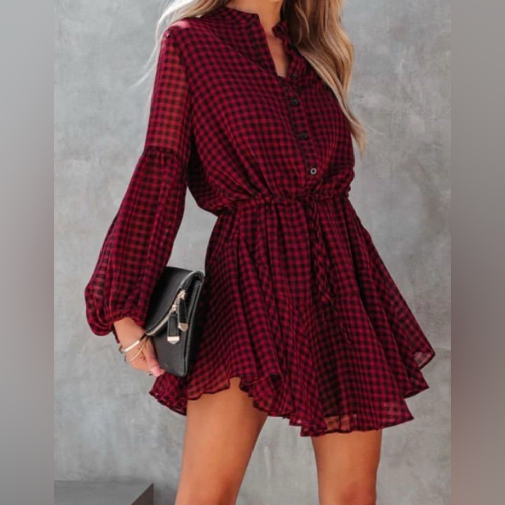 Vici Balloon Sleeve Gingham Plaid Checkered Long Sleeve Dress - S